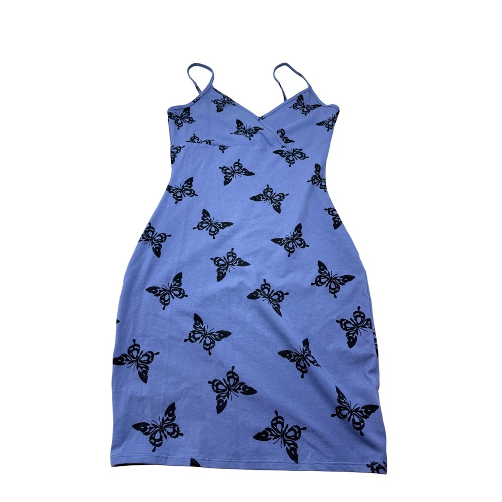 Blue Butterfly Print Mini Dress Sleeveless V-Neck Small Y2K graphic